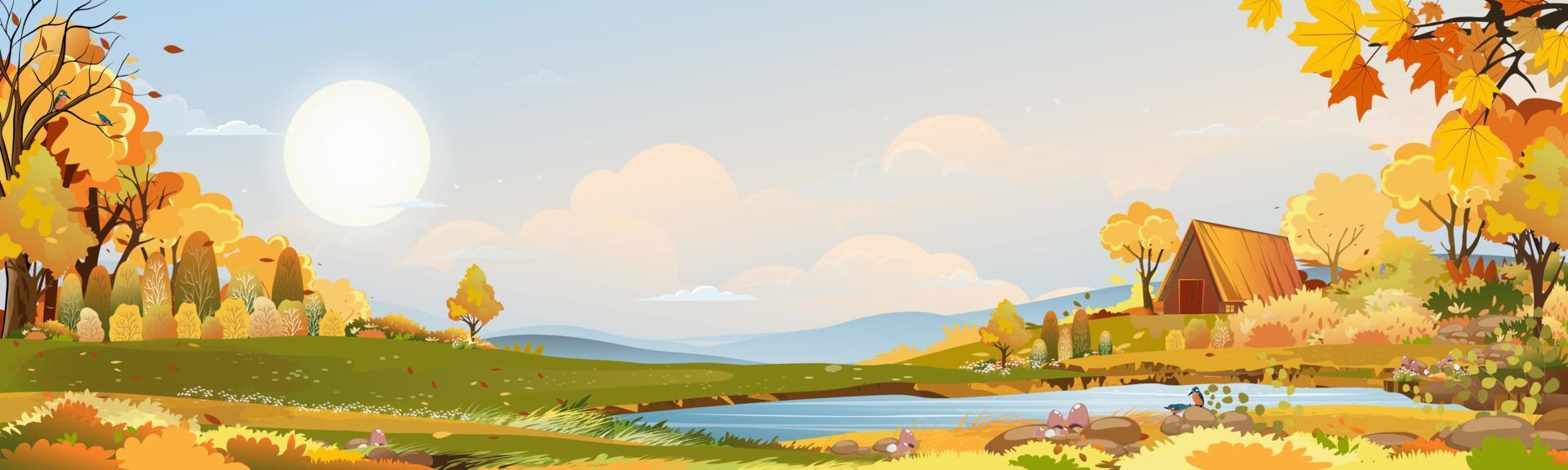 herfst landelijk landschap in avondlicht met zonsondergang, blauwe en oranje hemelachtergrond, vector cartoon herfstseizoen op platteland met bos boom en grasveld met zonsopgang, achtergrond natuurlijke banner