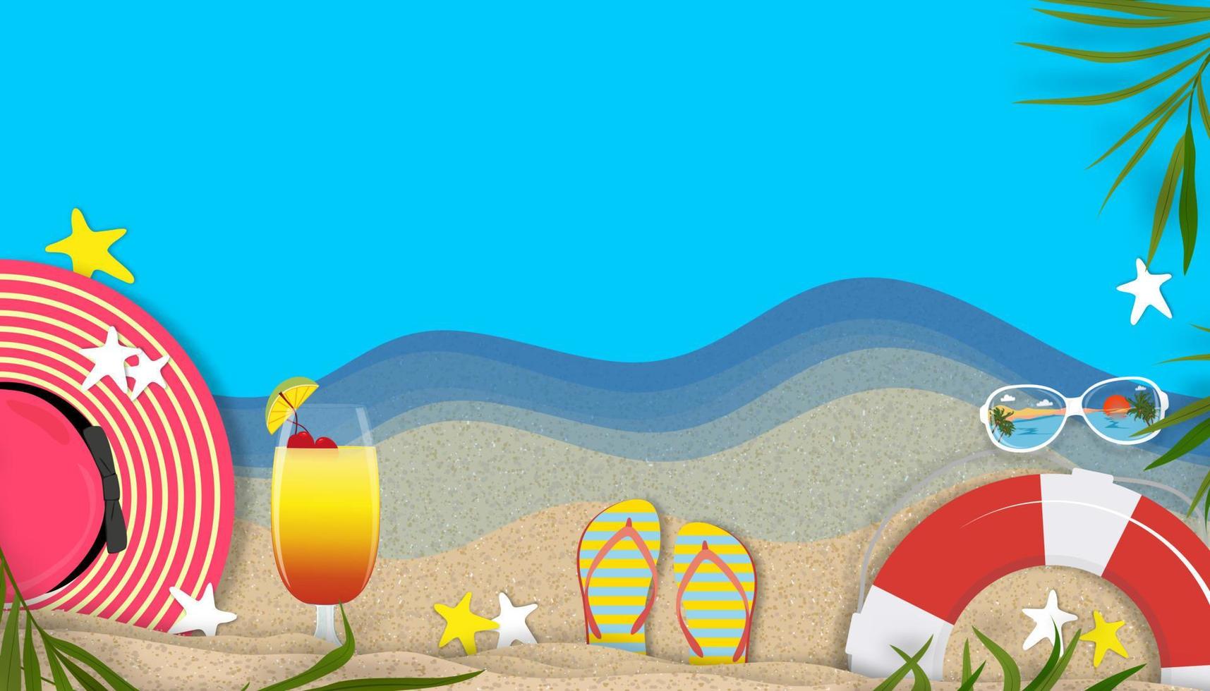 zomer achtergrond met strandvakantie vakantie thema met kopie ruimte op zandstrand, vector horizon banner plat lag papier gesneden tropische zomer ontwerp met kokospalm bladeren rand op het strand