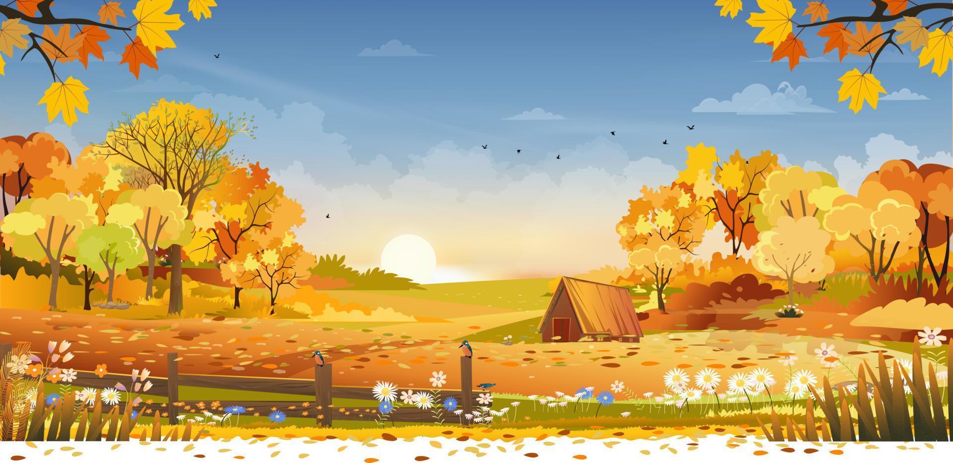 herfst landelijk landschap boerderij velden en bos bomen met oranje hemel zonsondergang, vector cartoon banner achtergrond boerderij veld oogst, landschap van natuurlijk landschap met zonsopgang voor herfst seizoen achtergrond