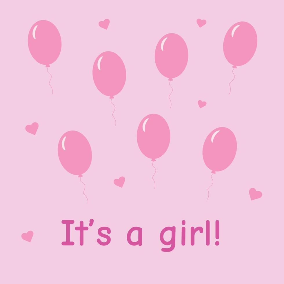 stelletje ballonnen voor verjaardag en genderfeest. verschillende vliegende ballons touw. roze ballen en harten op witte achtergrond met belettering het is een meisjesballon in cartoonstijl vector