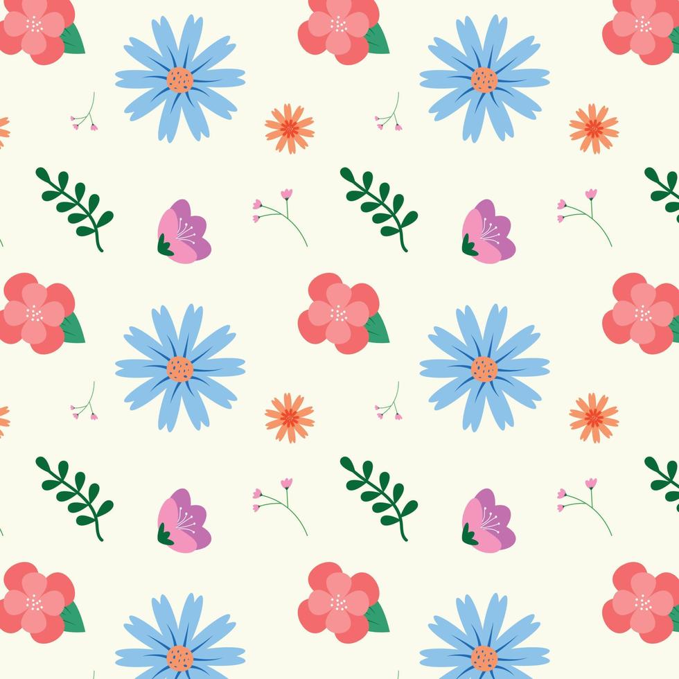 patroon met roze, blauwe, perzikkleurige bloemen en bladeren vector