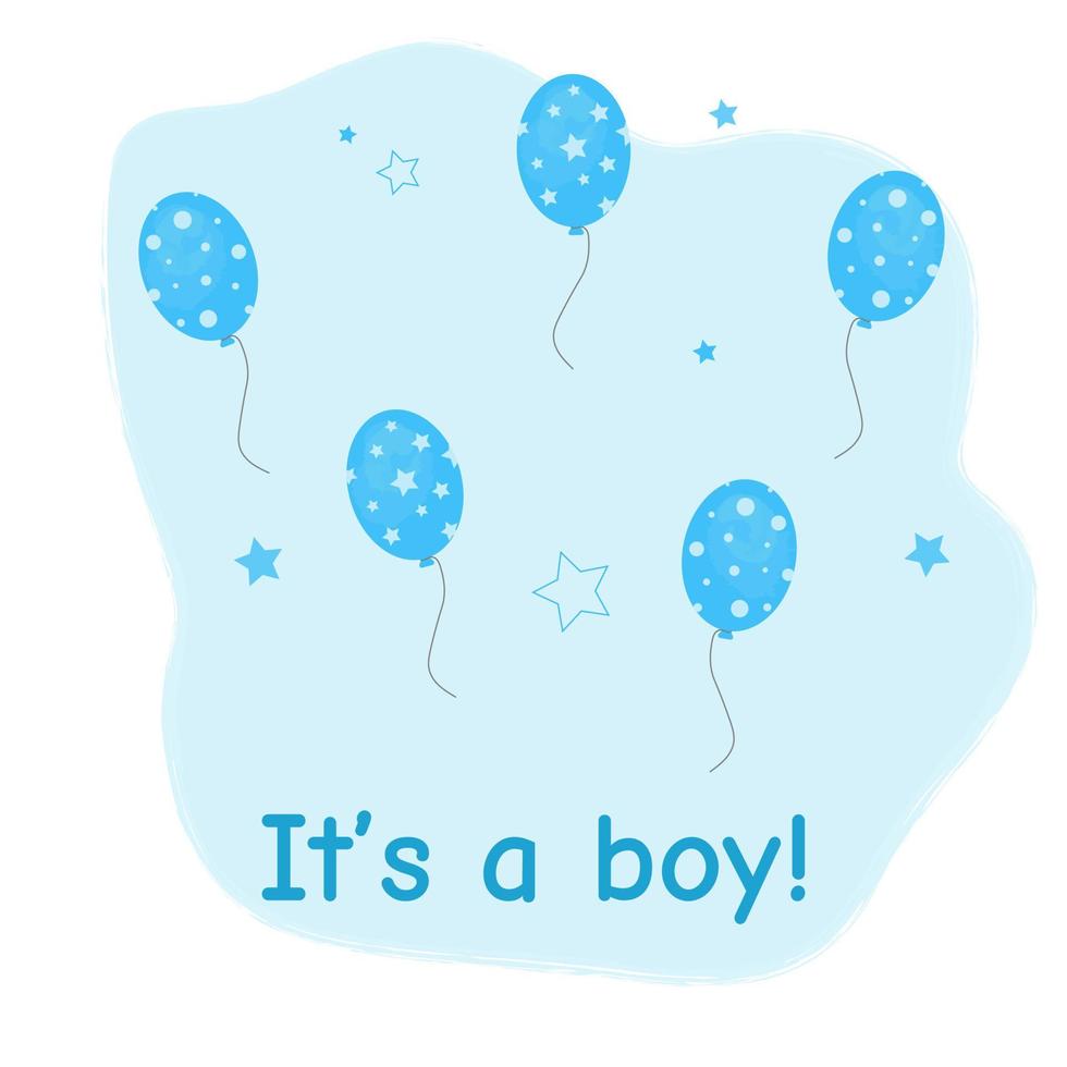 stelletje ballonnen voor verjaardag en genderfeest. verschillende vliegende ballons touw. blauwe ballen en sterren op blauwe achtergrond met belettering het is een jongensballon in cartoonstijl vector