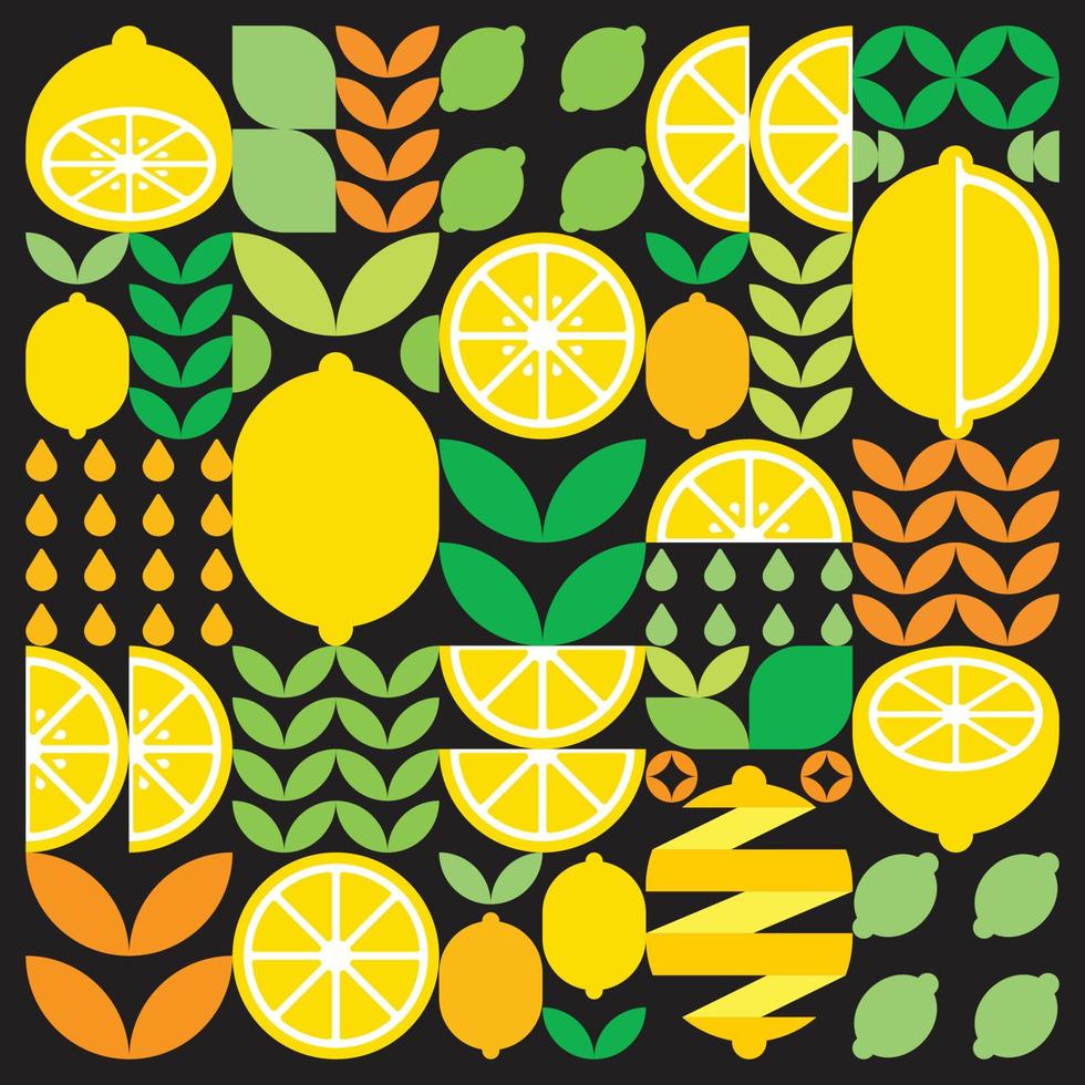 abstract kunstwerk van het patroonpictogram van het citroenfruit. eenvoudige vectorkunst, geometrische illustratie van gele citrussymbolen, sinaasappelen, limoenen, limonade en bladeren. minimalistisch plat modern design, zwarte achtergrond. vector