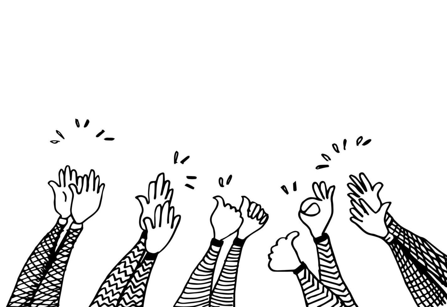 hand getrokken van handen omhoog, klappende ovatie, applaus, duim omhoog gebaar op doodle stijl. vector illustratie