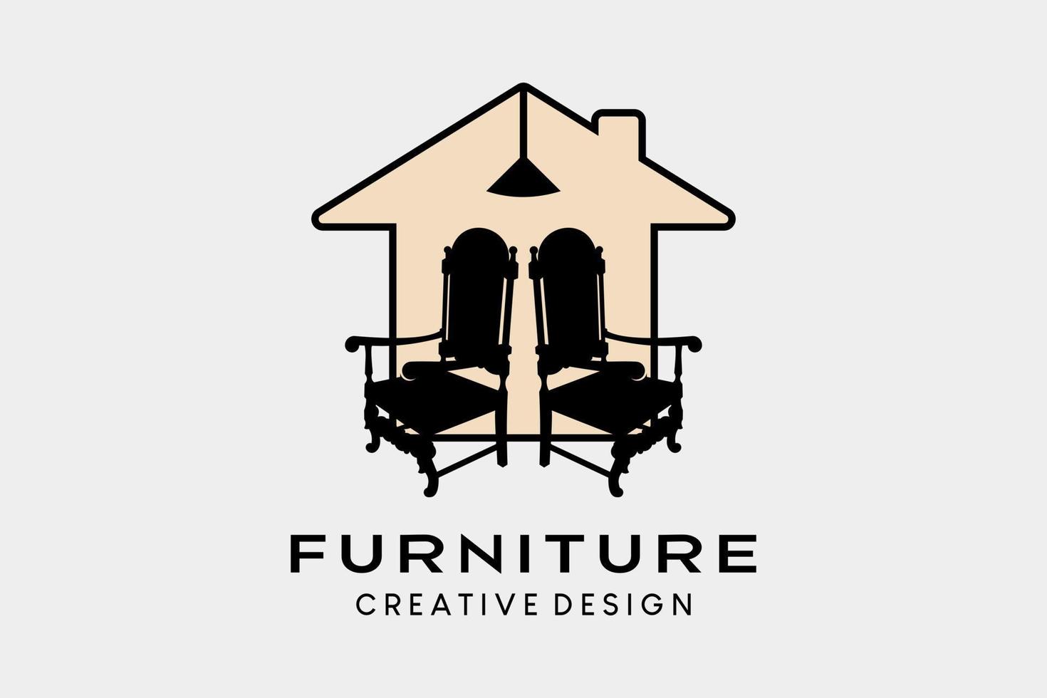 meubellogo met silhouet van twee stoelen in huispictogramachtergrond vector