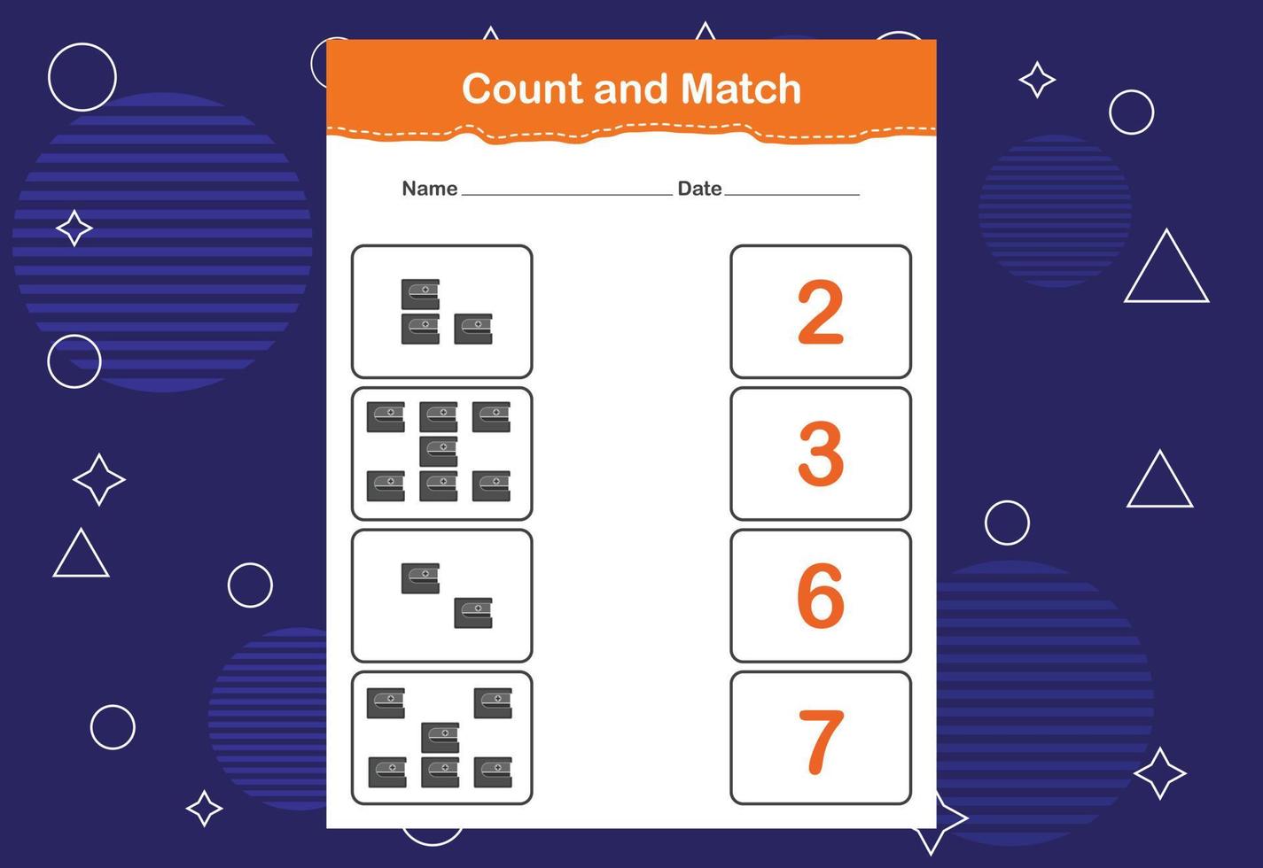 tel en match werkblad voor kinderen. tellen en matchen met het juiste nummer. passend onderwijsspel vector