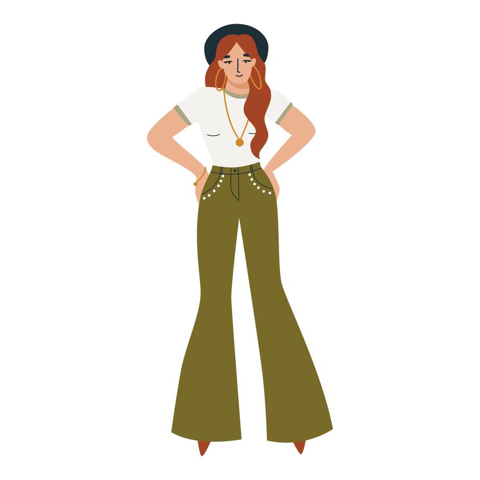 mode-outfit in boho-stijl. vrouw in boho-outfit. bohemien stijl. platte vectorillustratie. vector