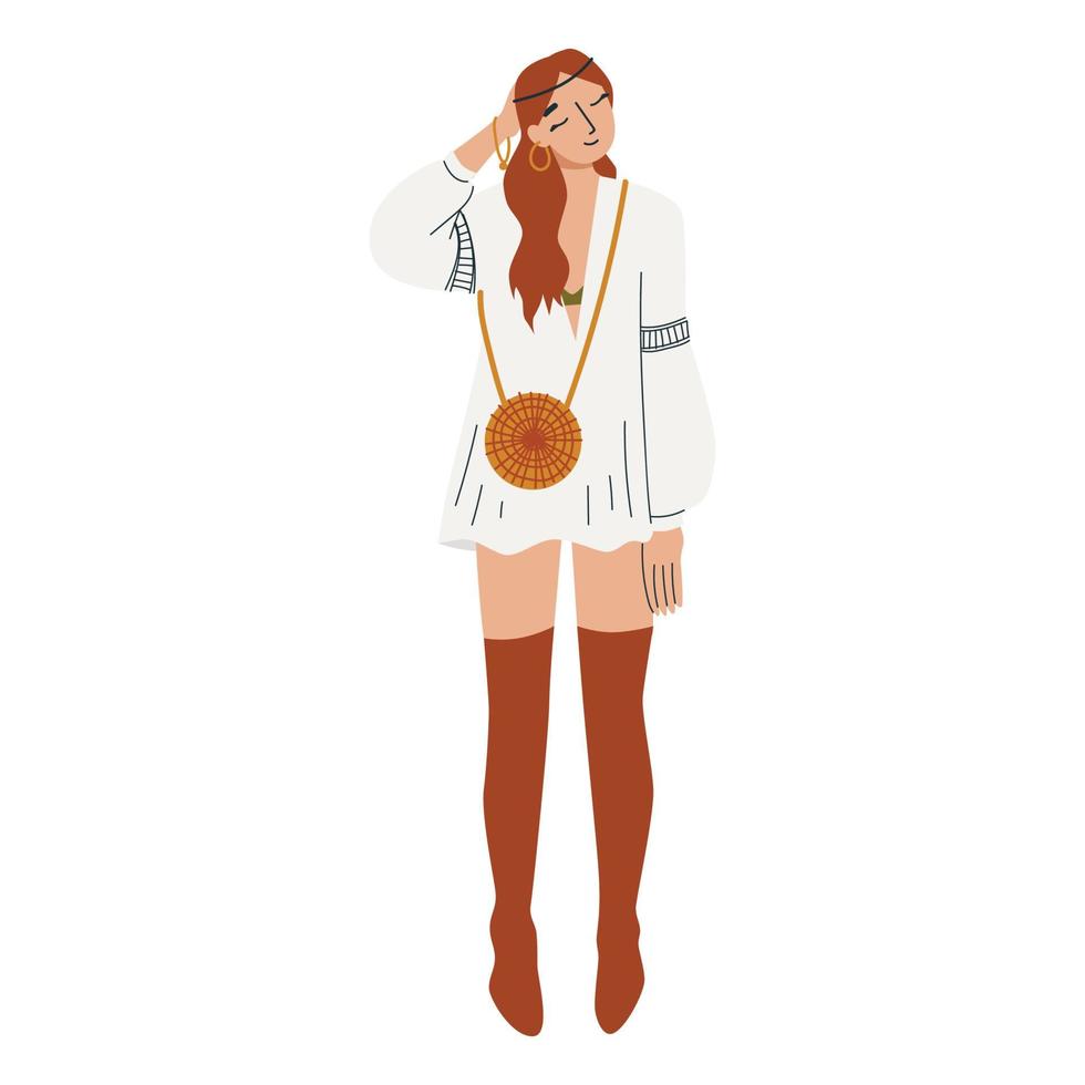 mode-outfit in boho-stijl. vrouw in boho-outfit. bohemien stijl. platte vectorillustratie. vector