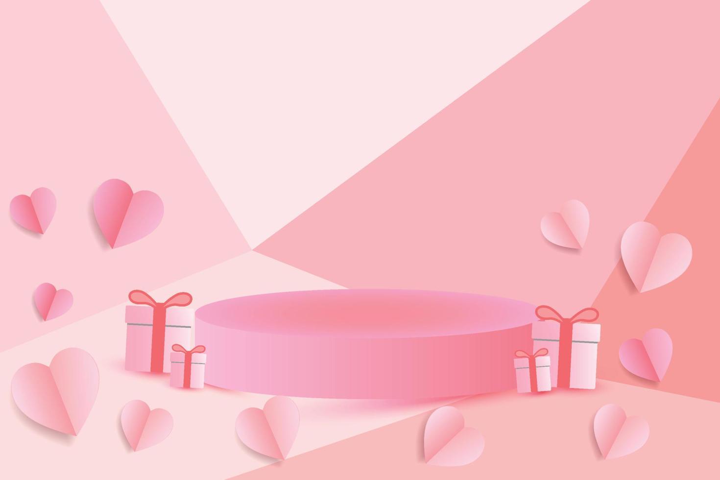 Valentijnsdag concept achtergrond. vectorillustratie. zoete rode en roze papier gesneden harten met ronde sokkel. leuke liefdesverkoopbanner of wenskaart vector