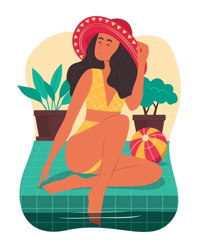 vrouw zonnebaden bij zwembad op zomerseizoen. vector