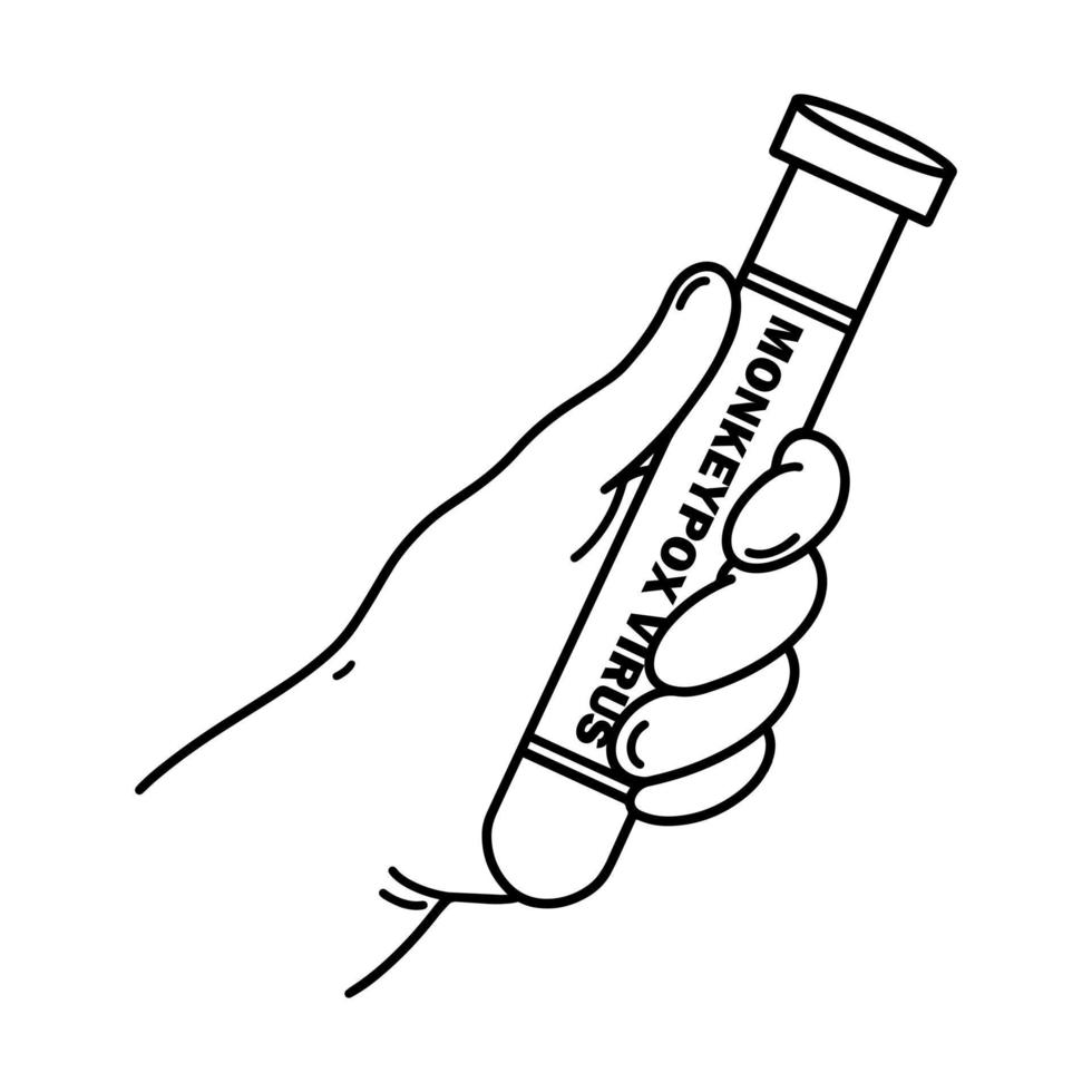 de dokter houdt een reageerbuis in zijn hand vectorillustratie. glazen injectieflacon met bloedmonster, test op apenpokkenvirus. Laboratorium analyse. zwarte omtrek geïsoleerd op wit. clipart voor medische sites vector