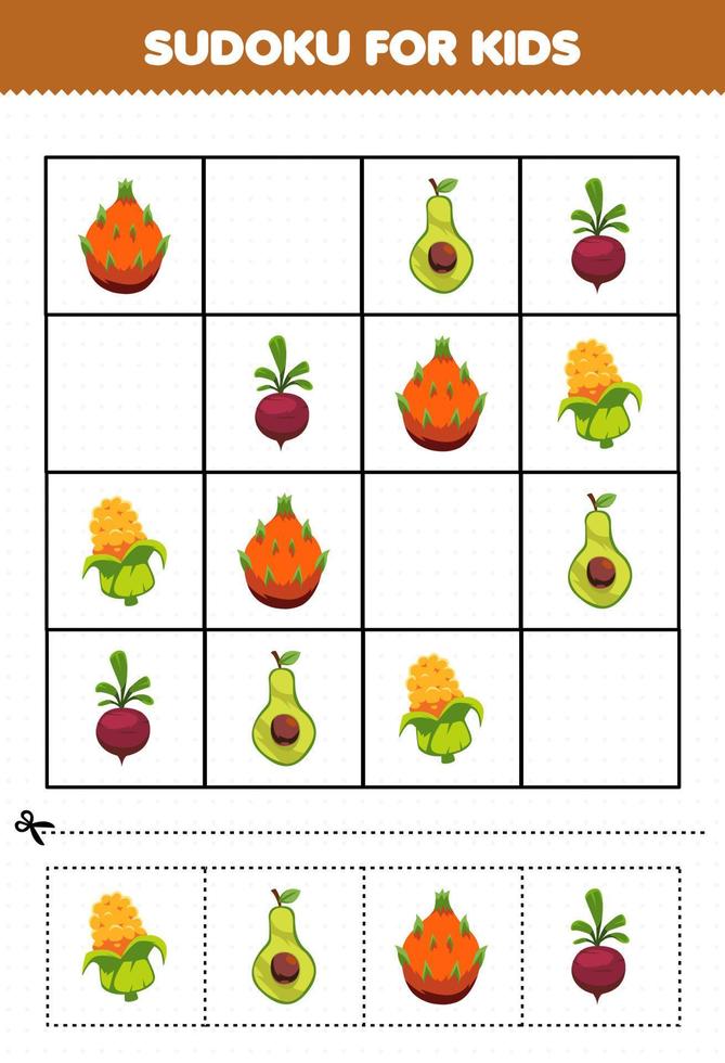 educatief spel voor kinderen sudoku voor kinderen met cartoon groenten en fruit dragon fruit avocado bieten maïs foto vector