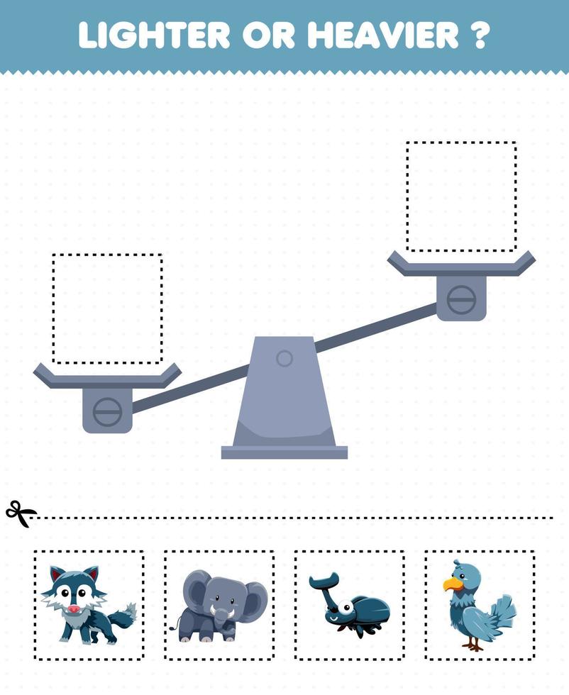 educatief spel voor kinderen lichter of zwaarder knip onderstaande foto's en lijm op de juiste doos met schattige cartoon dier wolf olifant kever duif vogel vector