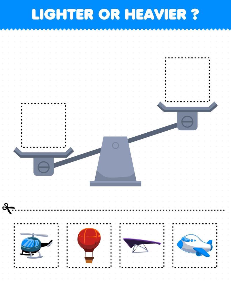 educatief spel voor kinderen lichter of zwaarder knip onderstaande foto's en plak ze op de juiste doos met cartoon vliegende transporthelikopter ballon zweefvliegtuig vliegtuig vector