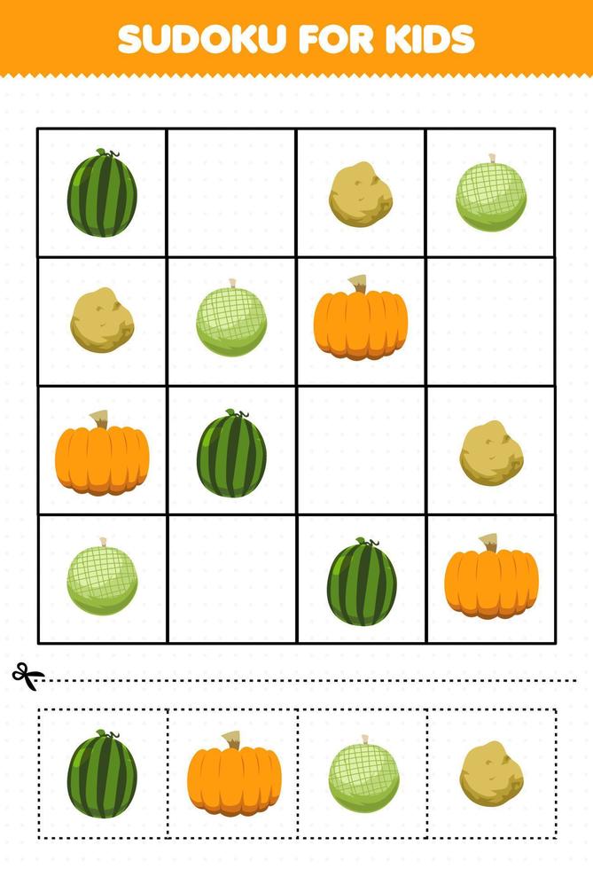 educatief spel voor kinderen sudoku voor kinderen met cartoon groenten en fruit watermeloen aardappel meloen pompoen foto vector