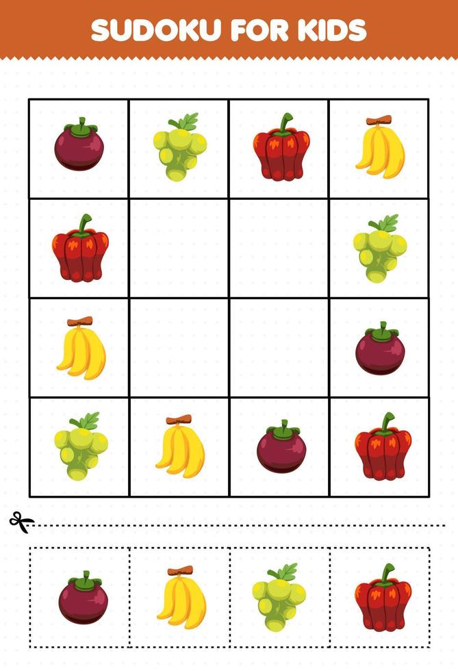 onderwijs spel voor kinderen sudoku voor kinderen met cartoon groenten en fruit mangosteen druif paprika banaan foto vector