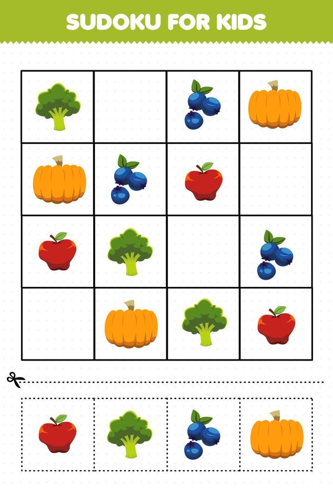 educatief spel voor kinderen sudoku voor kinderen met cartoon groenten en fruit broccoli bosbessen pompoen appel foto vector