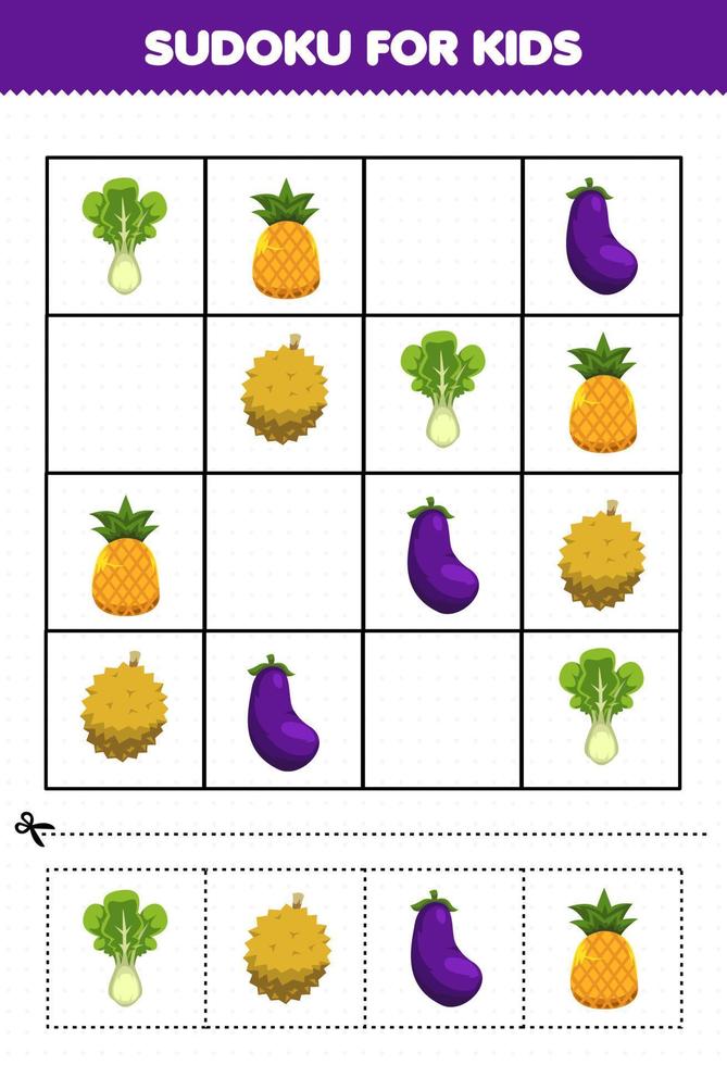 educatief spel voor kinderen sudoku voor kinderen met cartoon groenten en fruit ananas aubergine durian foto vector