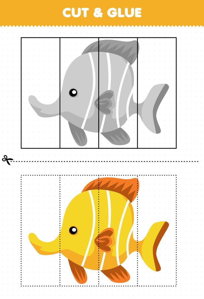 educatief spel voor kinderen knippen en lijmen met schattige cartoon gele dierenvissen vector
