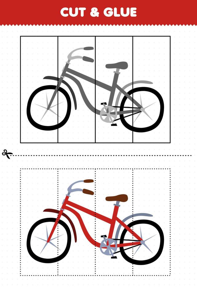 educatief spel voor kinderen knippen en lijmen met cartoon transportfiets vector