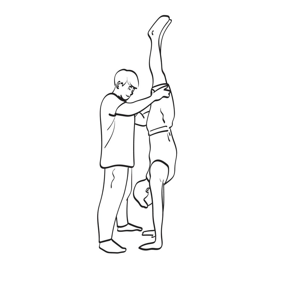 volledige lengte van mannelijke instructeur die man helpt bij het oefenen van handstand illustratie vector hand getekend geïsoleerd op witte achtergrond lijntekeningen.