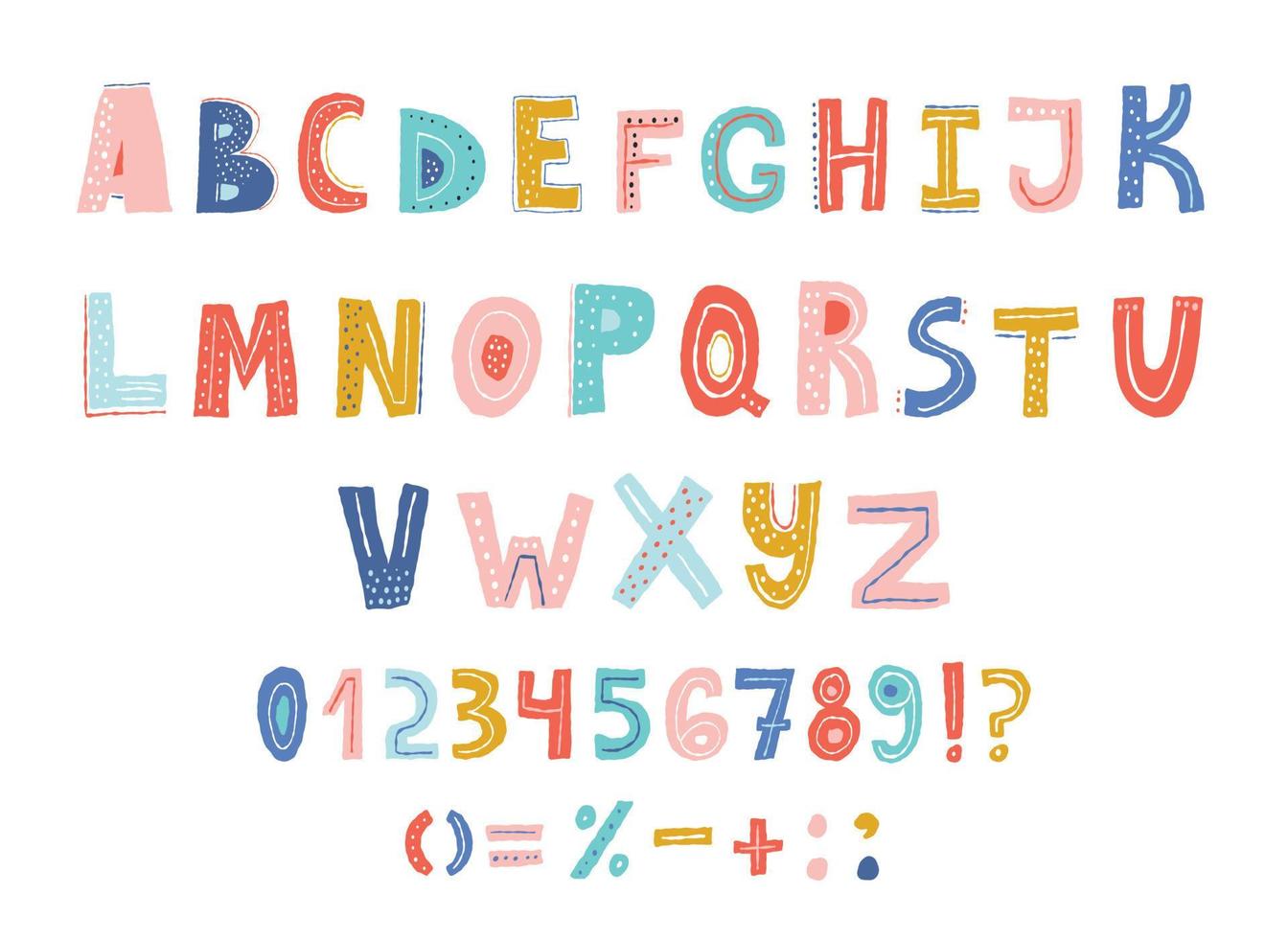 kleurrijke kinderachtig alfabet, letters en cijfers vector illustratie.