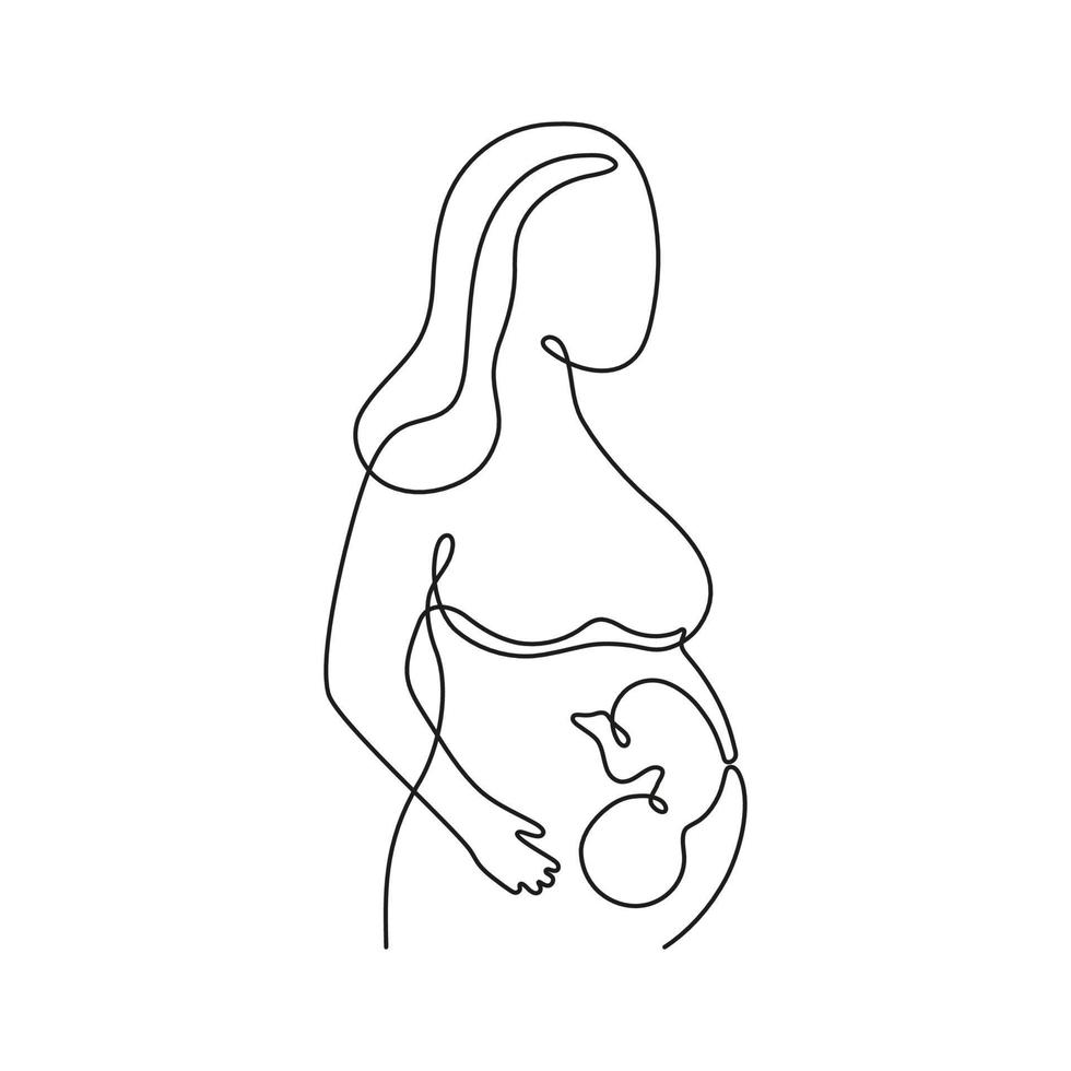 zwangere vrouw met baby's in de baarmoeder, continue kunstlijn één tekening. zwangerschap vrouw, aanstaande moeder. embryo in buik. enkele omtrek minimalistische trekking. vector contour illustratie