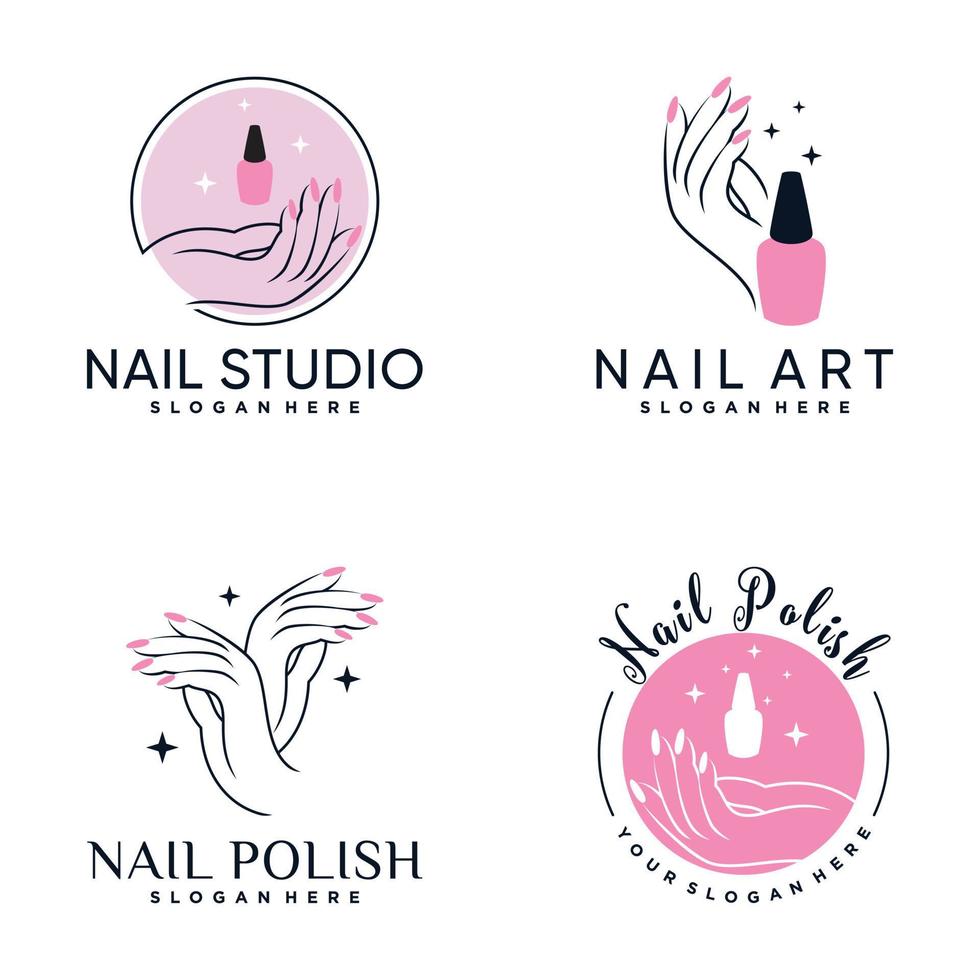 set collectie nagellak of nail art icoon logo-ontwerp met creatieve element premium vector