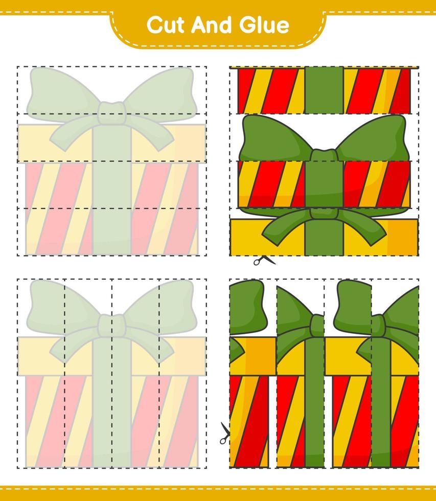 knip en plak, knip delen van de geschenkdoos uit en lijm ze. educatief kinderspel, afdrukbaar werkblad, vectorillustratie vector