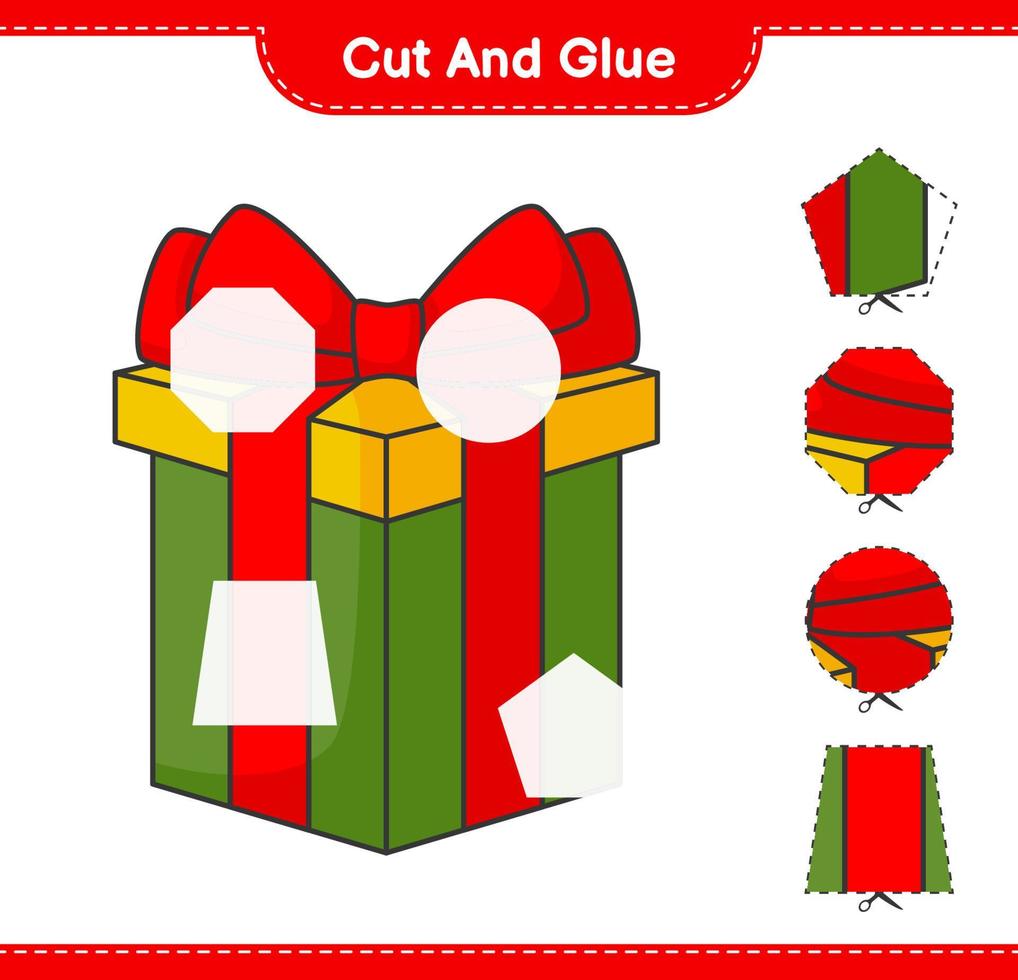 knip en plak, knip delen van de geschenkdoos uit en lijm ze. educatief kinderspel, afdrukbaar werkblad, vectorillustratie vector