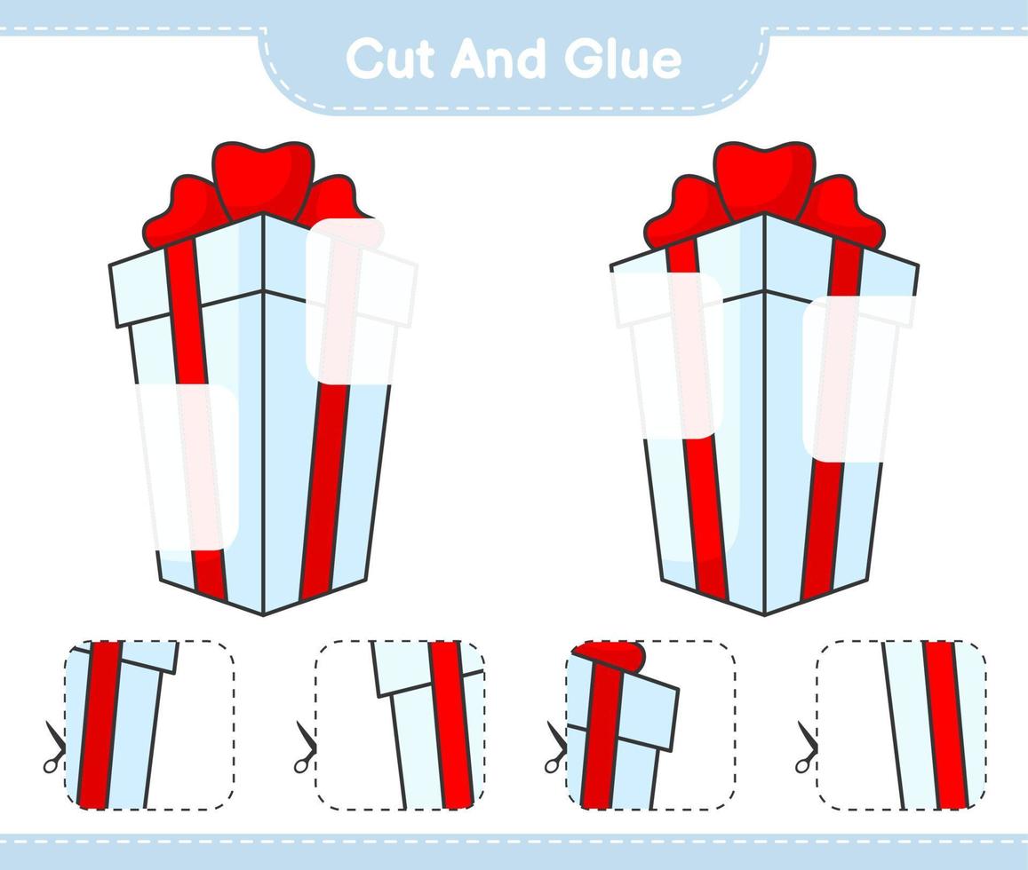 knip en plak, knip delen van de geschenkdoos uit en lijm ze. educatief kinderspel, afdrukbaar werkblad, vectorillustratie vector