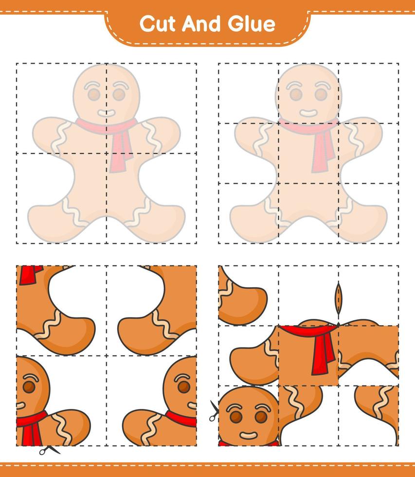 knip en plak, knip delen van peperkoekmannetje en plak ze vast. educatief kinderspel, afdrukbaar werkblad, vectorillustratie vector