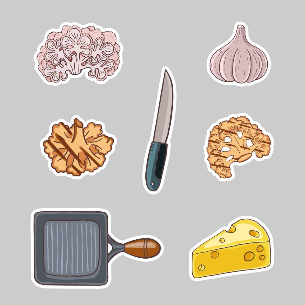 bloemkool steak pictogrammen instellen vectorillustratie. kool, knoflook, kaas ingrediënten voor een geweldig diner heerlijk vector