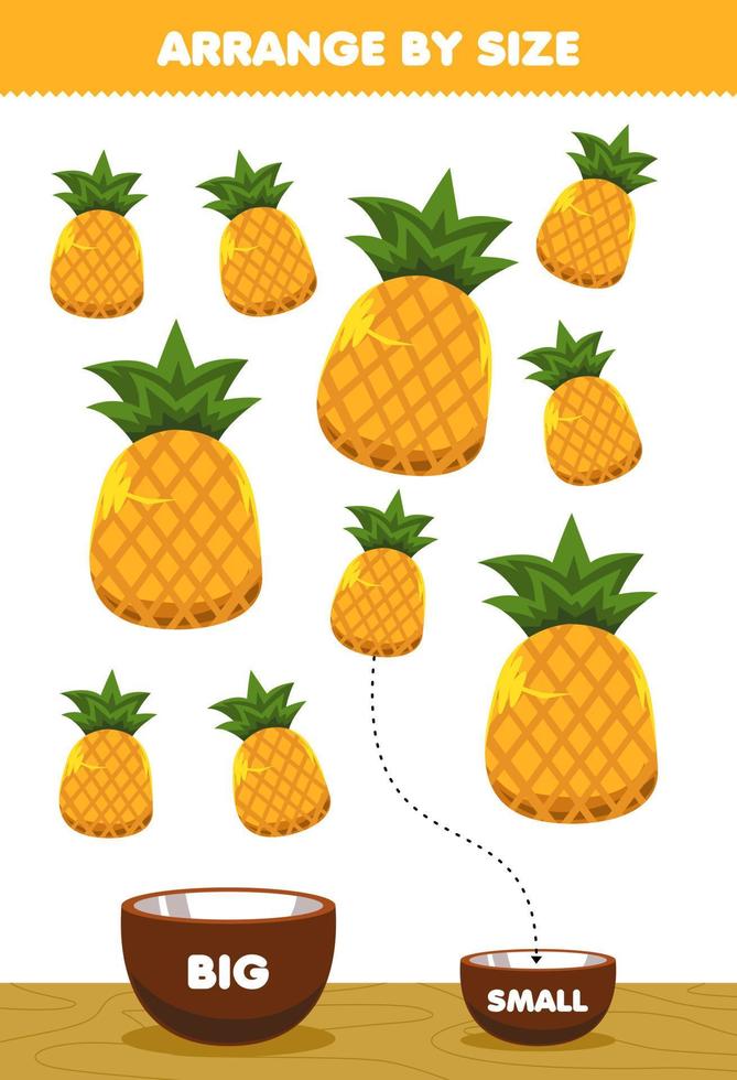 educatief spel voor kinderen rangschikken op maat groot of klein zet het in de kom cartoon fruit ananas foto's vector