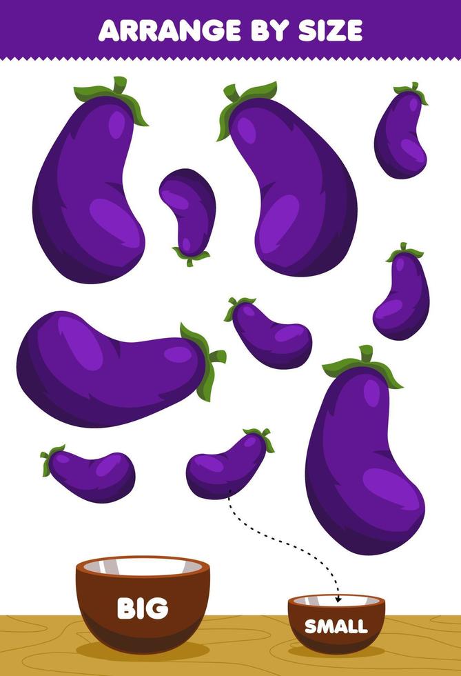 educatief spel voor kinderen rangschikken op maat groot of klein zet het in de kom cartoon groente aubergine foto's vector