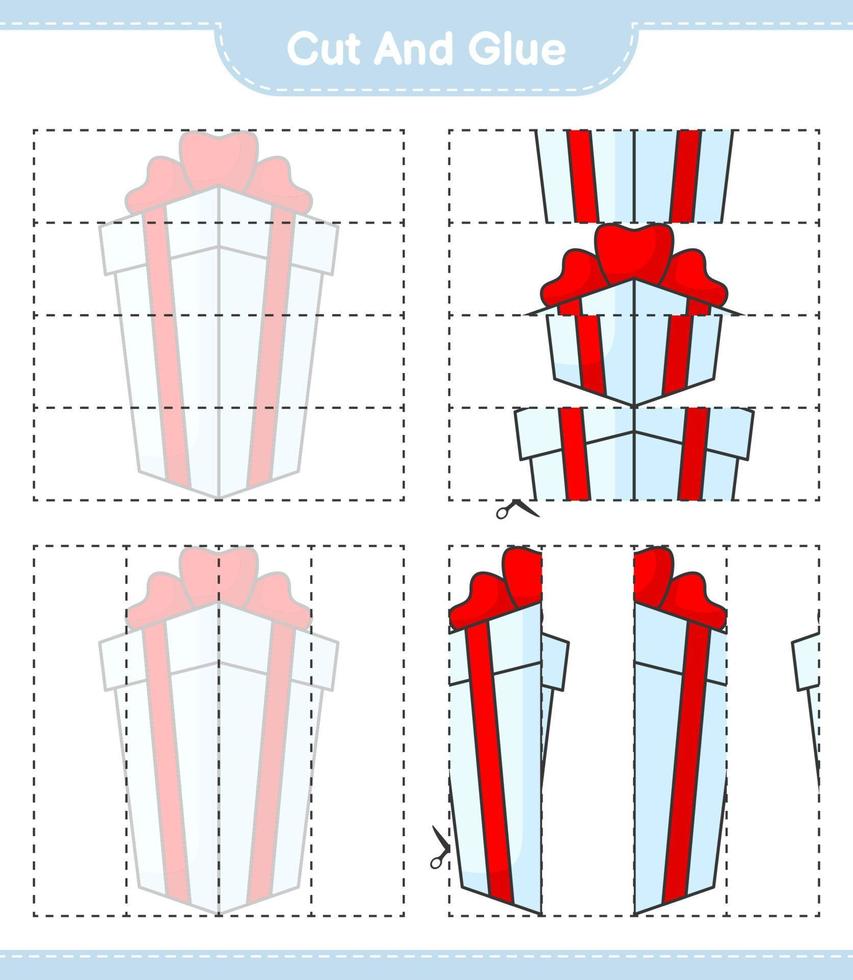 knip en plak, knip delen van de geschenkdoos uit en lijm ze. educatief kinderspel, afdrukbaar werkblad, vectorillustratie vector