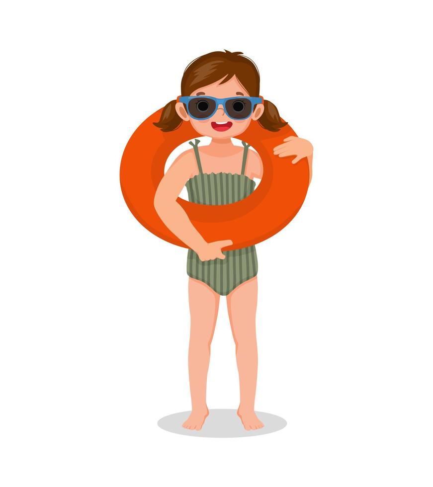schattig klein meisje met zwembroek en zonnebril met opblaasbare rubberen ring om haar nek en plezier in de zomer vector