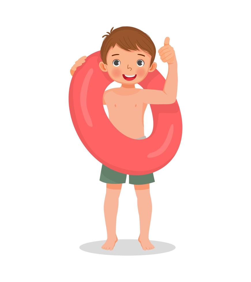 gelukkige schattige kleine jongen met zwembroek met opblaasbare rubberen ring die duim laat zien en plezier heeft in de zomertijd vector