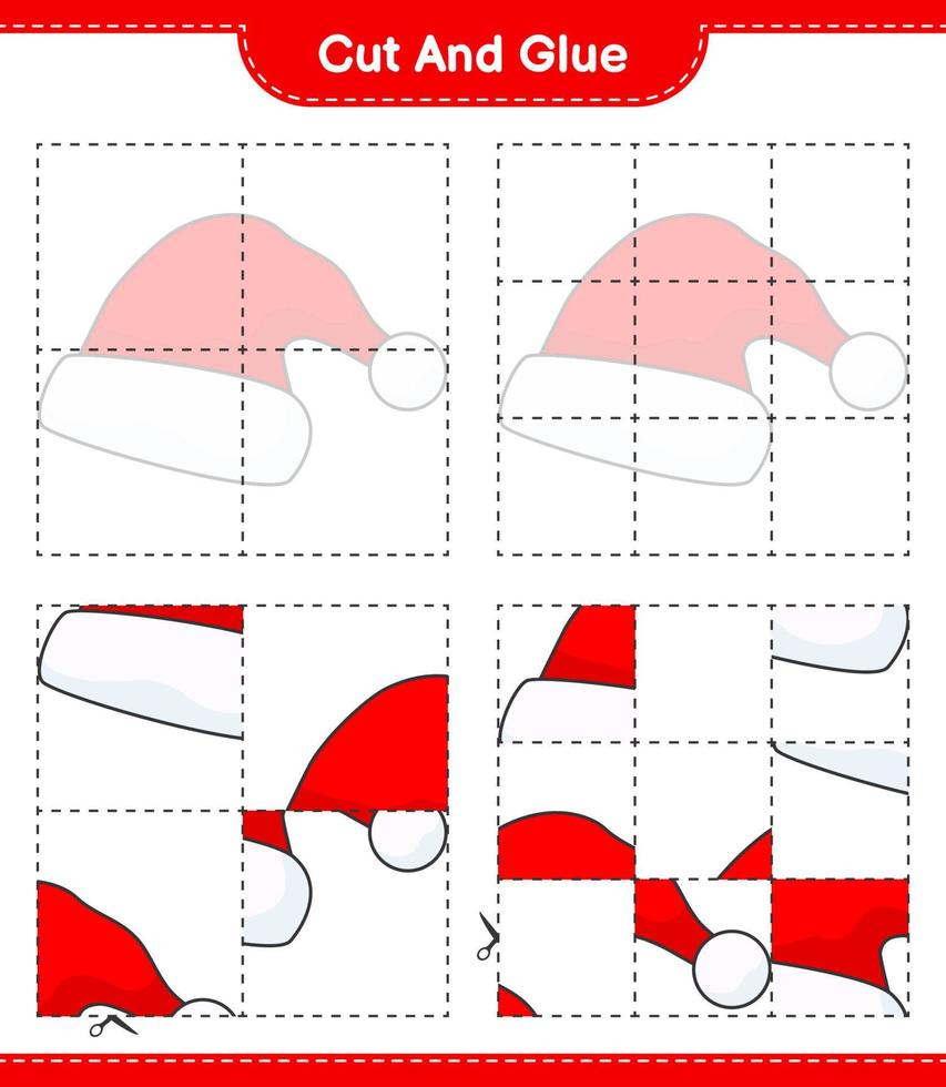 knip en plak, knip delen van de kerstmuts uit en plak ze vast. educatief kinderspel, afdrukbaar werkblad, vectorillustratie vector