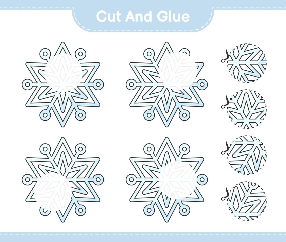 knip en plak, knip delen van sneeuwvlok uit en plak ze vast. educatief kinderspel, afdrukbaar werkblad, vectorillustratie vector