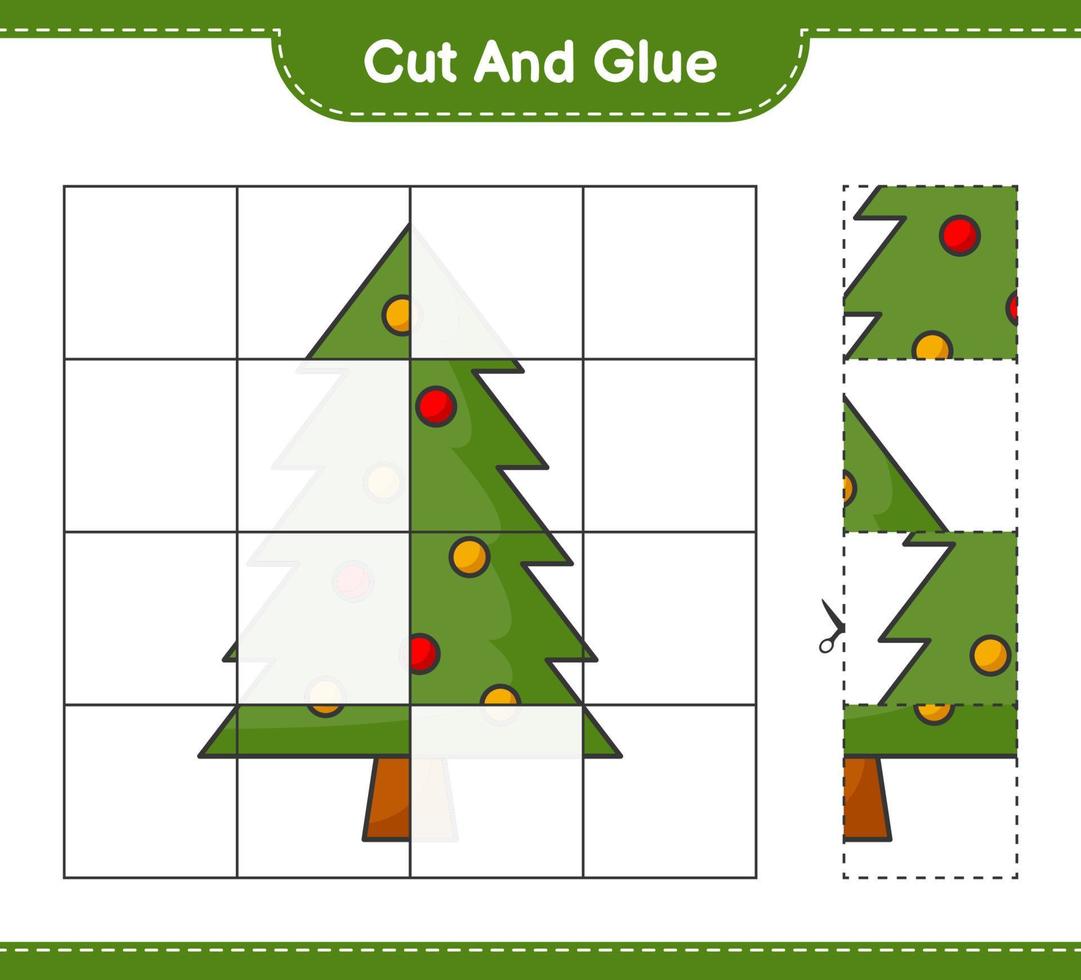 knip en plak, knip delen van de kerstboom en lijm ze. educatief kinderspel, afdrukbaar werkblad, vectorillustratie vector