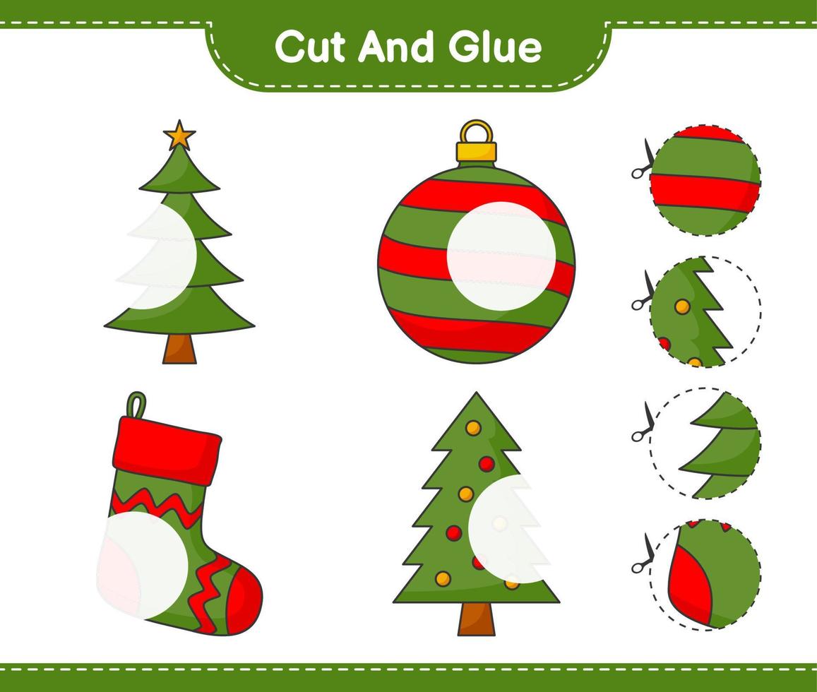 knip en lijm, knip delen van kerstboom, kerstbal, kerstsok en lijm ze. educatief kinderspel, afdrukbaar werkblad, vectorillustratie vector