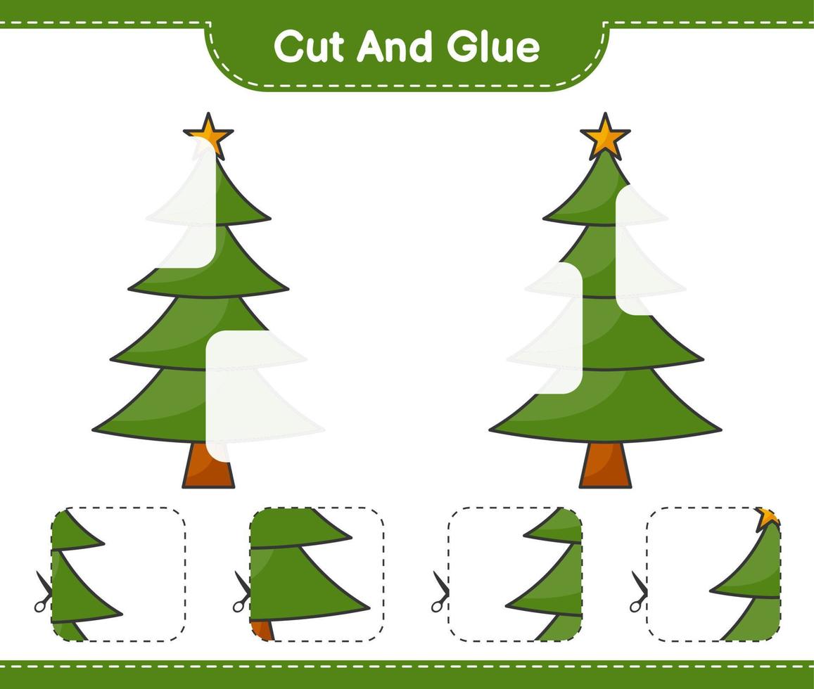 knip en plak, knip delen van de kerstboom en lijm ze. educatief kinderspel, afdrukbaar werkblad, vectorillustratie vector