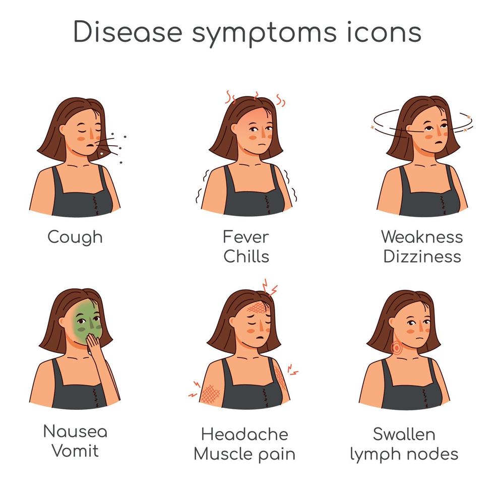 vrouw pictogrammen symptomen set van slechte ziekten vector
