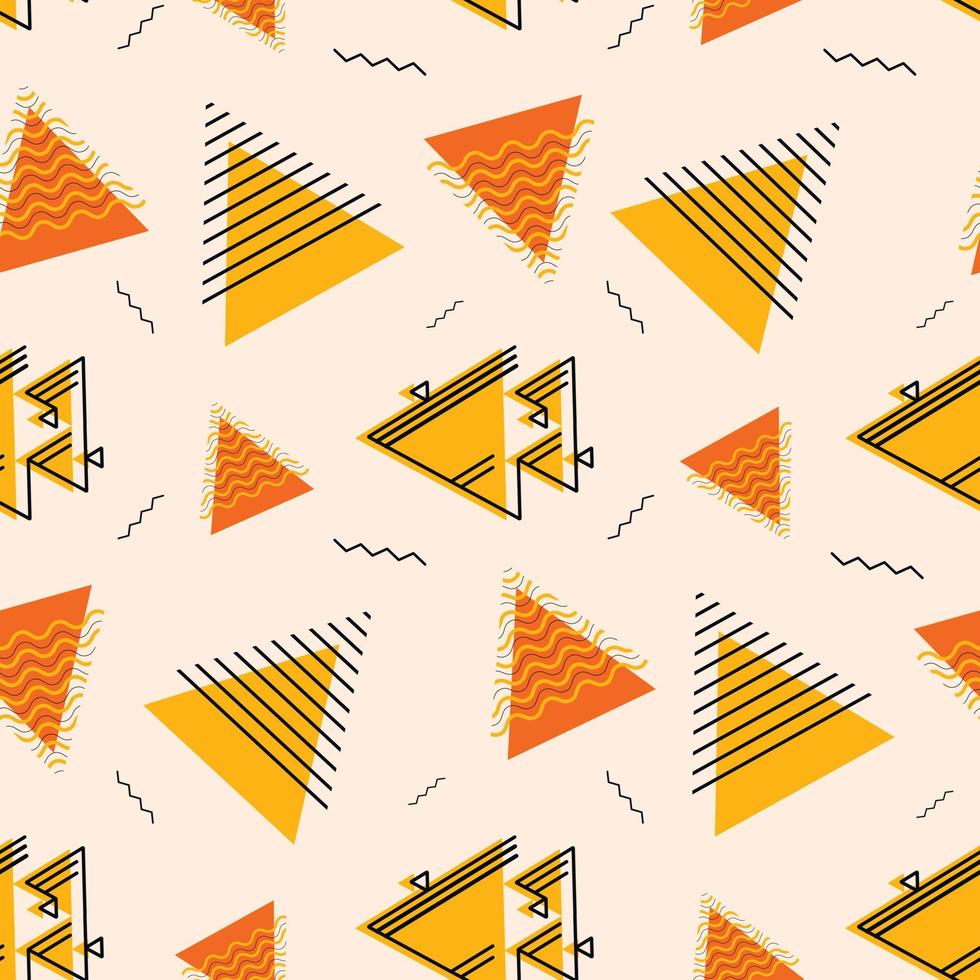 vector naadloos patroon met moderne geometrische vormen. driehoeken, stippen en gekrulde lijnen. trending en huidige achtergrond of wallpaper in oranje tinten.