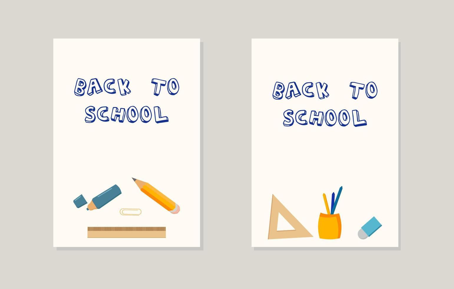 twee lay-outs met het opschrift terug naar school potlood liniaal paperclips notitieboekje markeringen vector