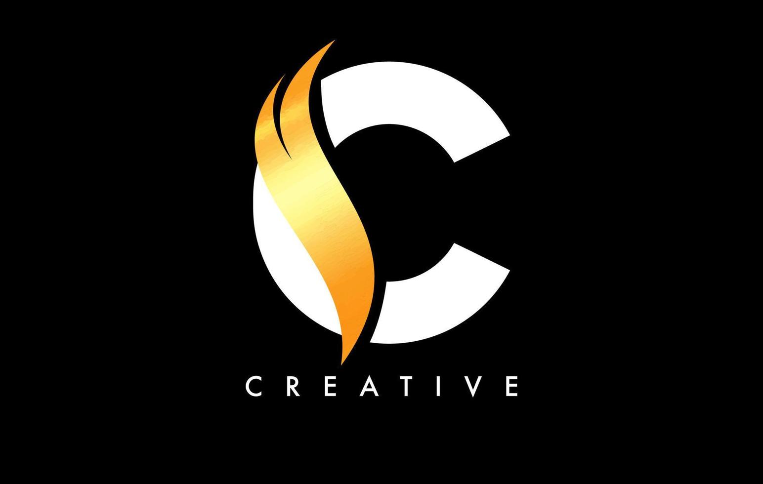 letter c logo pictogramontwerp met gouden swoosh en creatieve gebogen vormvector vector