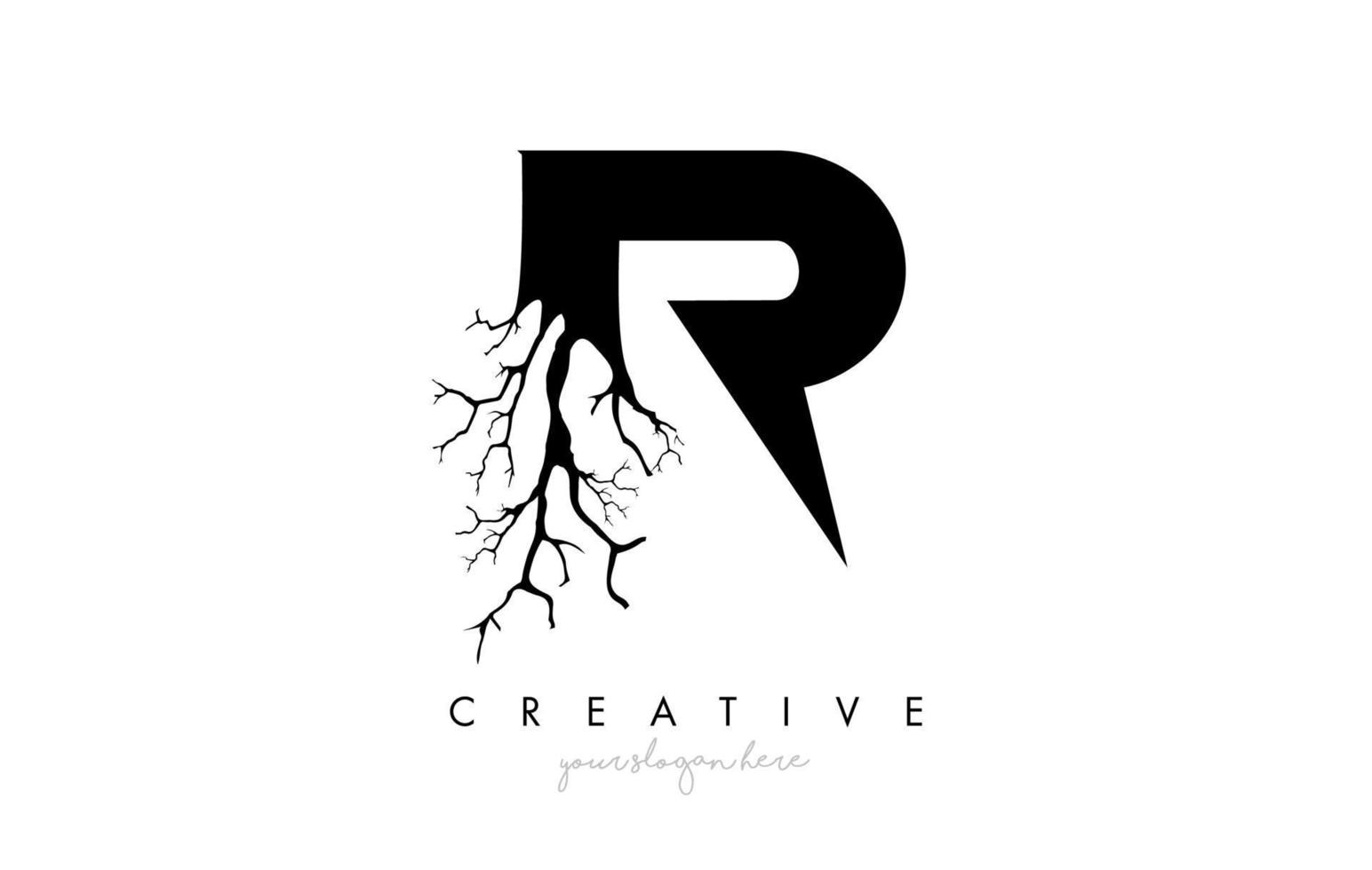 letter r-ontwerplogo met creatieve boomtak. r brief boom pictogram logo vector