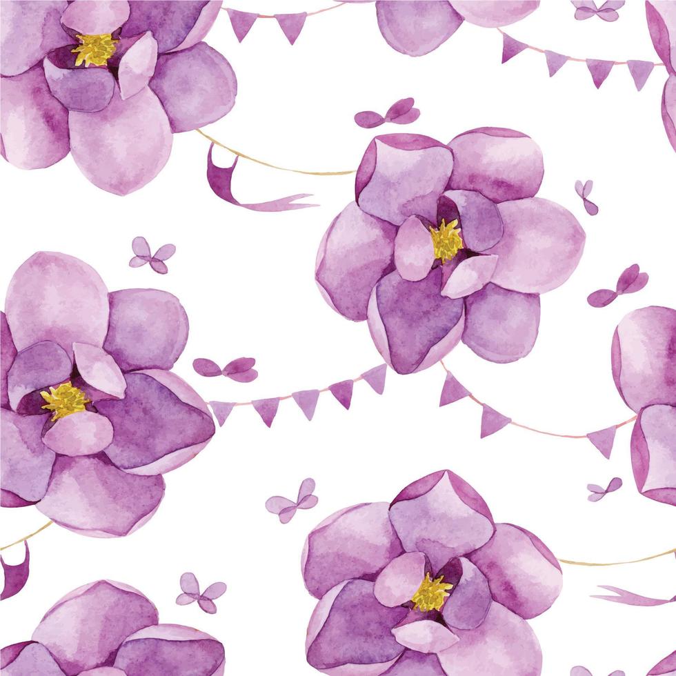 aquarel naadloos patroon met paarse magnolia bloemen, bloemen en leuke vakantie vlaggen. kinderprint voor meisjes met roze bloemen op een witte achtergrond. vector