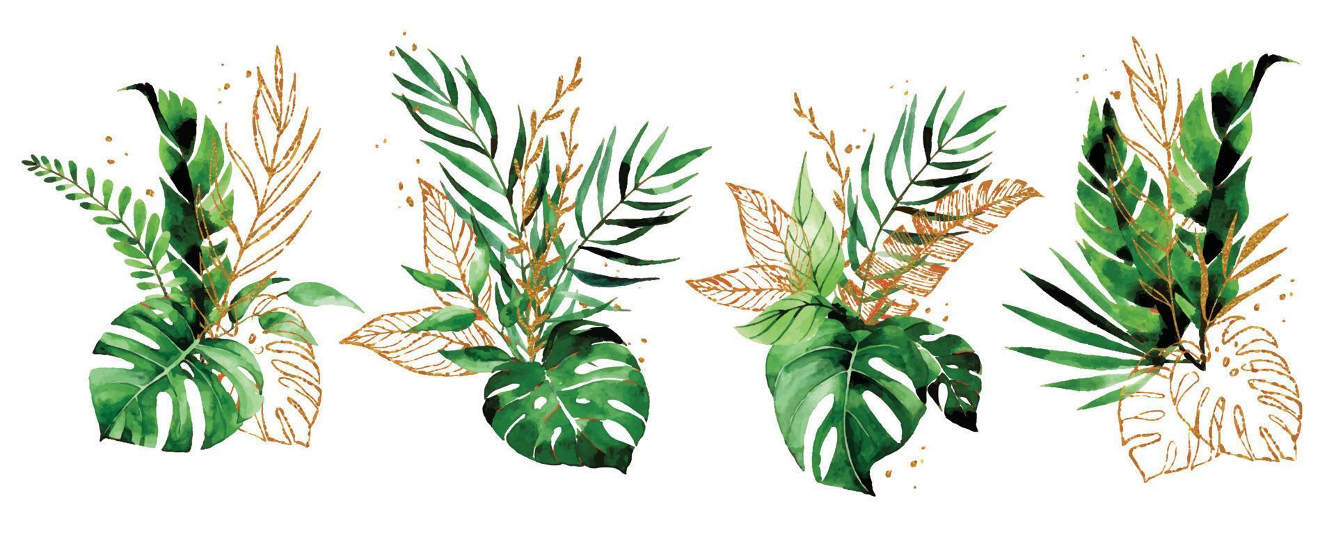 aquarel tekening. set boeketten, composities van tropische bladeren en gouden elementen. groene en gouden bladeren van palm, monstera. vintage-stijl vector